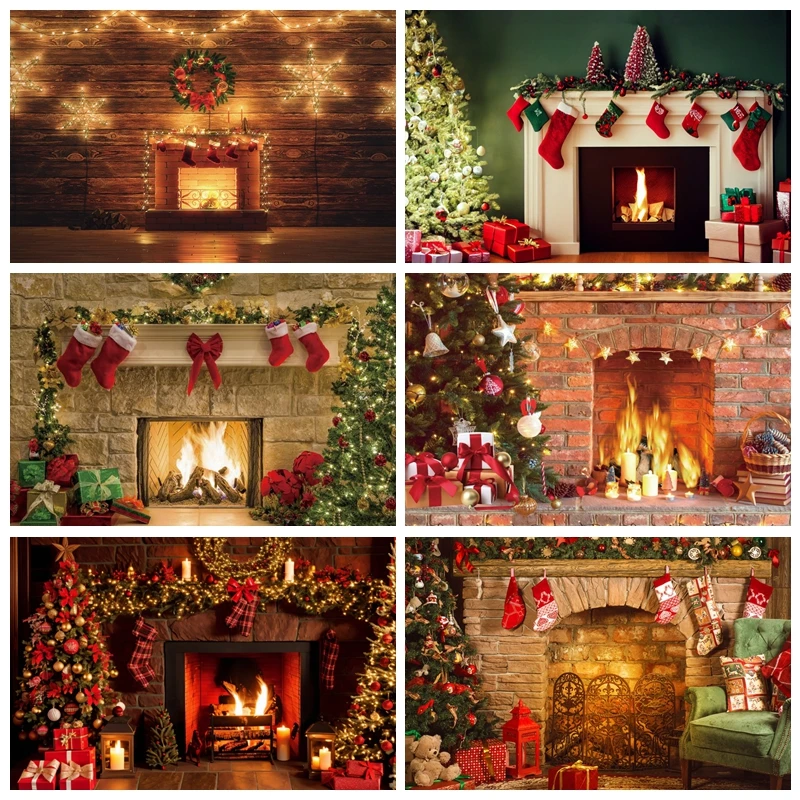 

Christmas Fireplace Theme Backdrop for Photography Tree Sock Gift Decorations for Xmas Party Banner Decor Photo Background