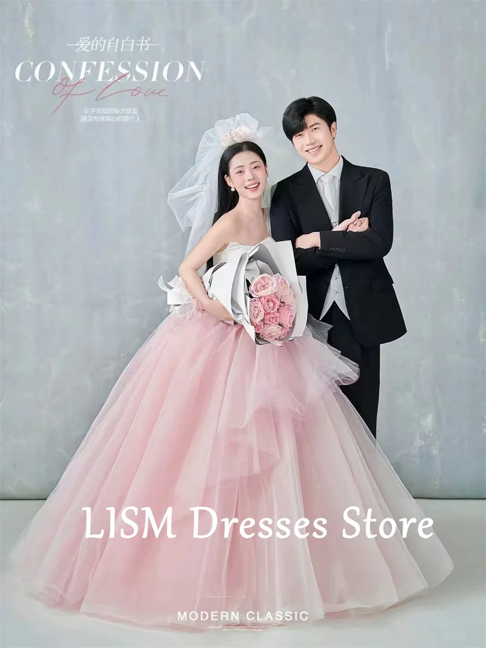 LISM Princess Pink Wedding Dresses Strapless A-line Bridal Ball Gown Sleeveless Custom Made Elegant Korea Photo Shoot Dresses