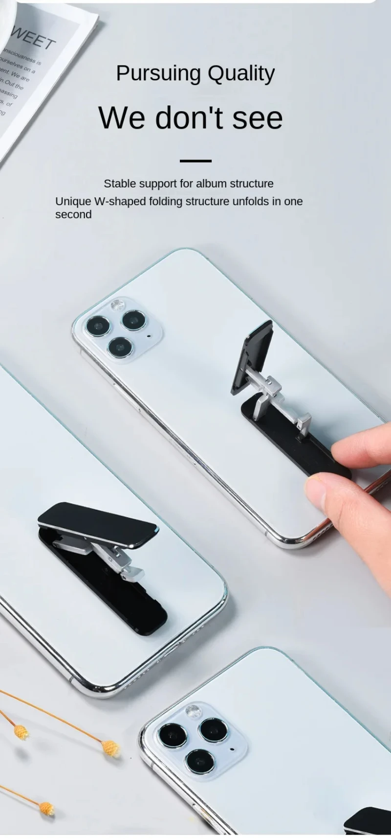 Zusammenklappbarer Mini-Telefonhalter aus Metall, Aluminiumlegierung, faltbarer Desktop-Ständer, 360° drehbar, universelle Handy-Schreibtischhalterung – Detail 4