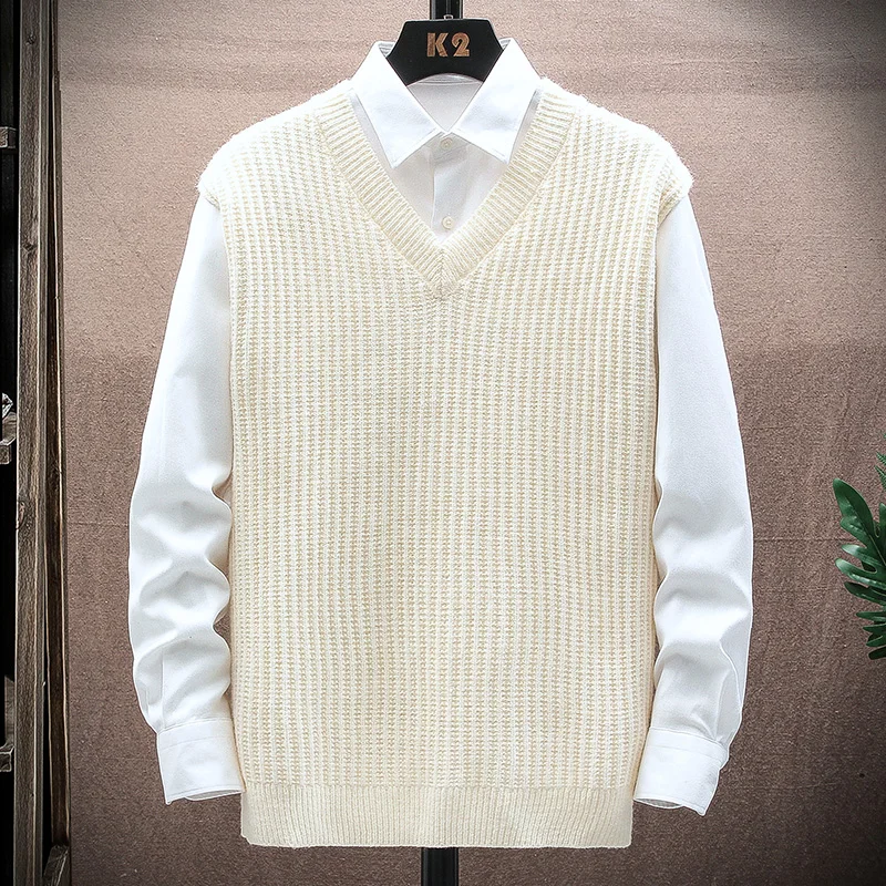 

Men's fashionable and trendy solid color striped v-neck pullover irregular knit warm sleeveless sweater undershirt