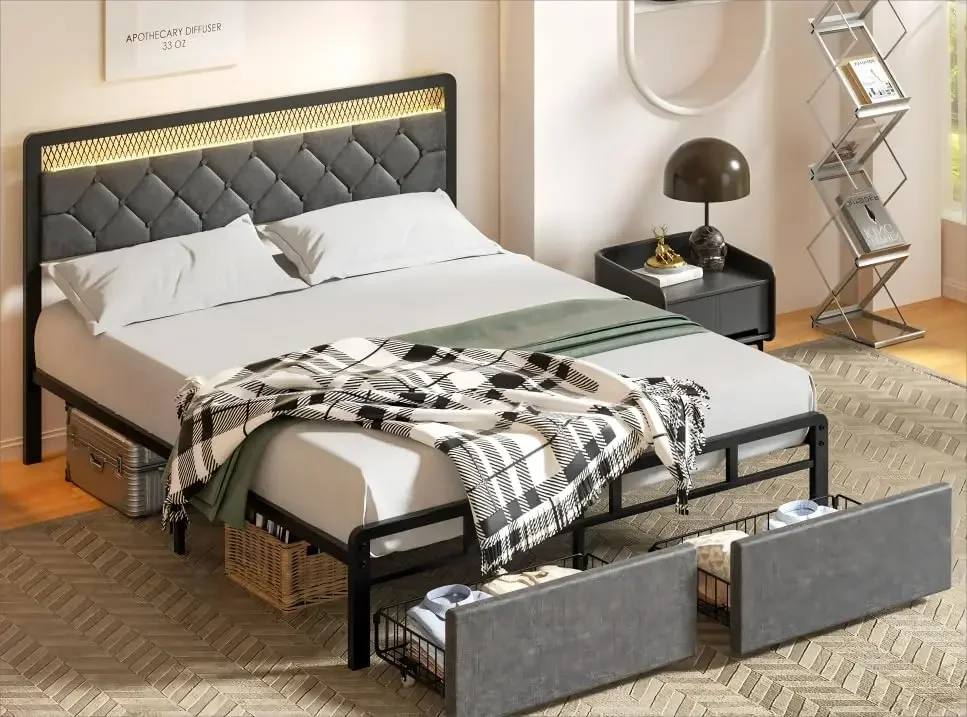 Bed Frame with Led Light and 2 Drawers, Metal Platform Bed w/ Button Tufted Headboard, Strong Metal Slats, No Box Spring Needed