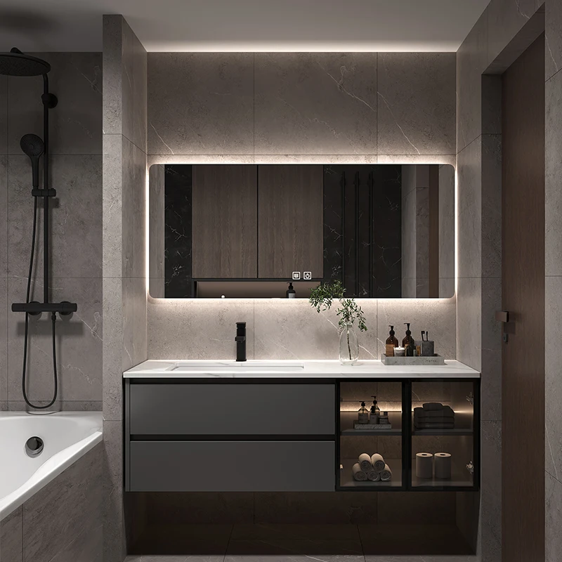 Stone slab seamless integrated basin, bathroom cabinet, combination of light luxury bathroom cabinet, toilet, washbasin,