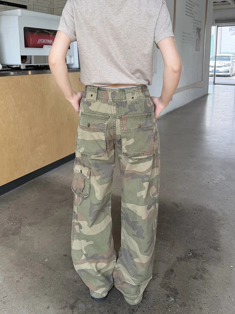 ReddaChic Camo Print Cargo Pants Women Causal Multi-pockets Drawstring Low Rise Wide Leg Distressed Joggers Skater Streetwear