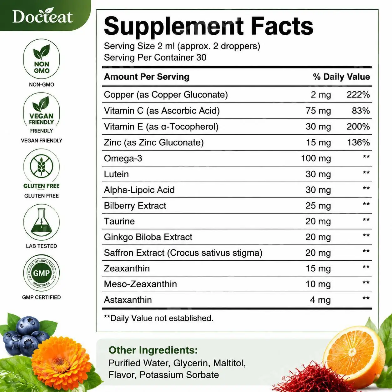 Docteat 14 in 1 Eye Nutritional Support Liquid Drops Lutein Zeaxanthin Omega-3 Bilberry 60ml Daily Eye Wellness Supplement