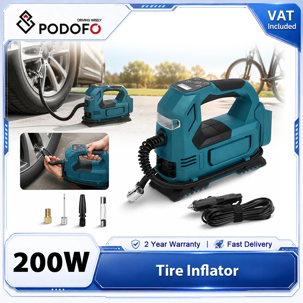 Podofo Gonfiatore Portatile per Pneumatici, Doppia Alimentazione, Senza Fili, a Batteria e 12V con Accendisigari per Auto, Compressore d'Aria con Display Digitale della Pressione, Arresto Automatico,