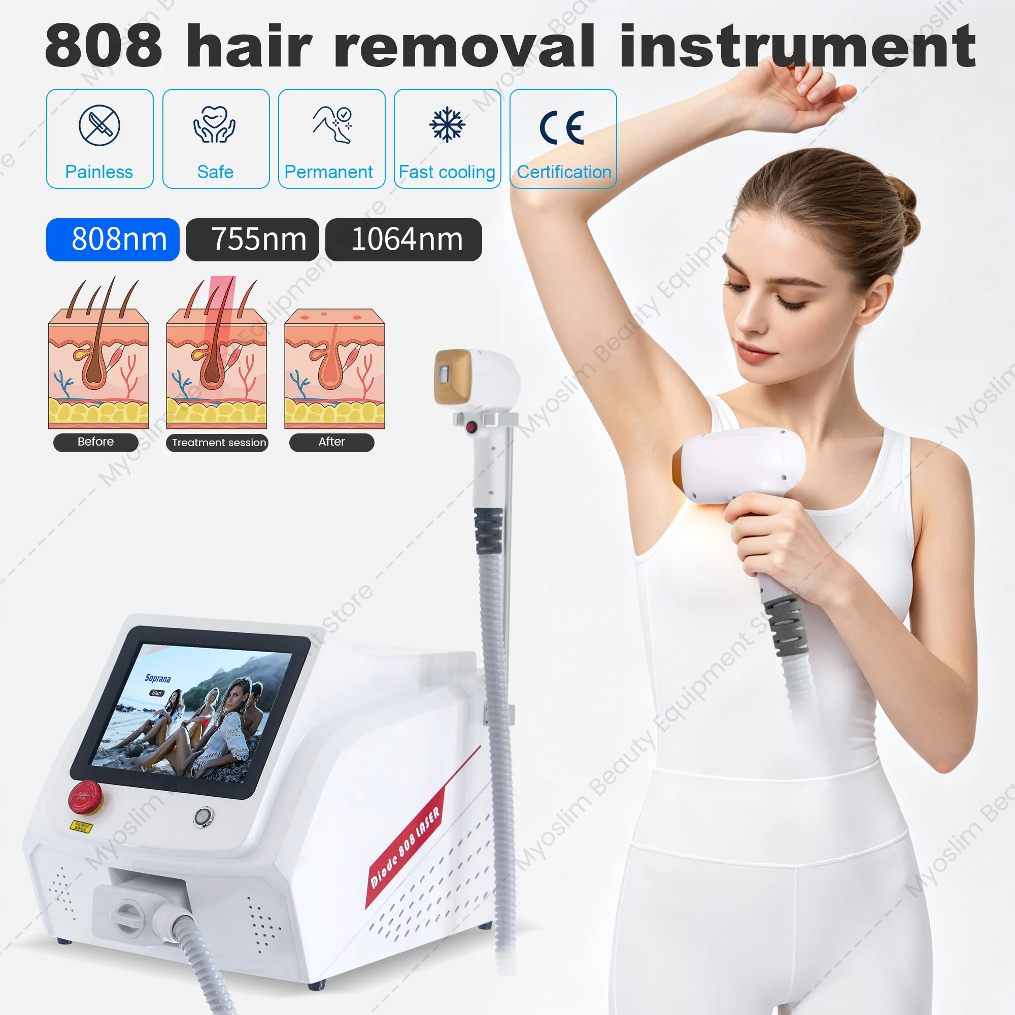 Salon Diode Laser Hair Removal Machine 755 808 1064nm Ice Cooling Painless Epilator For Face Armpit Bikini Leg Treatment