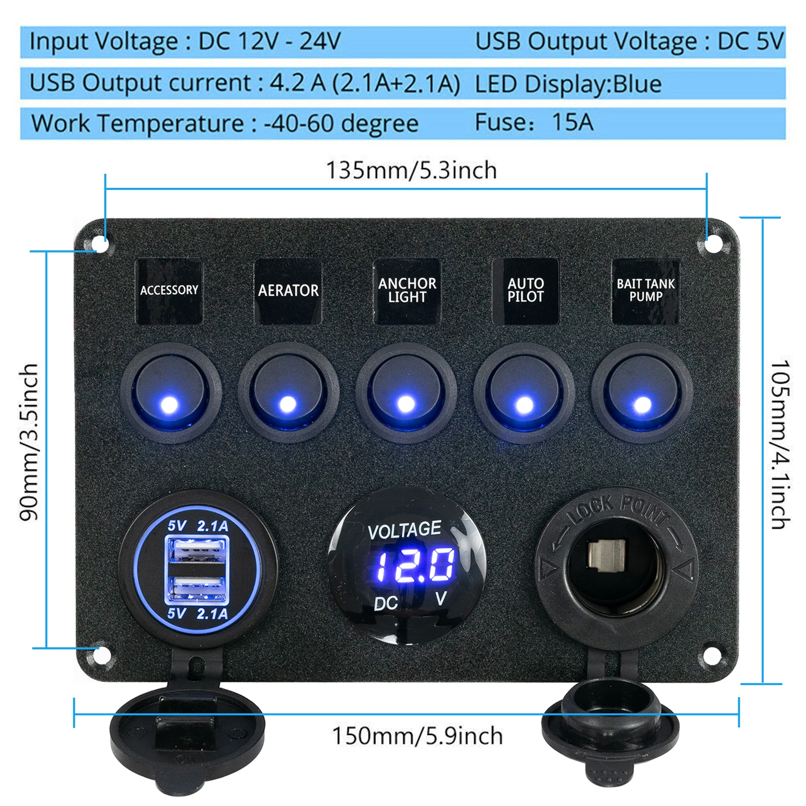 5 Gang LED Rocker Switch Panel Control Dual USB Port Charger Circuit Breaker ON-OFF Toggle For Car Trucks Marine Boat RV 12V 24V