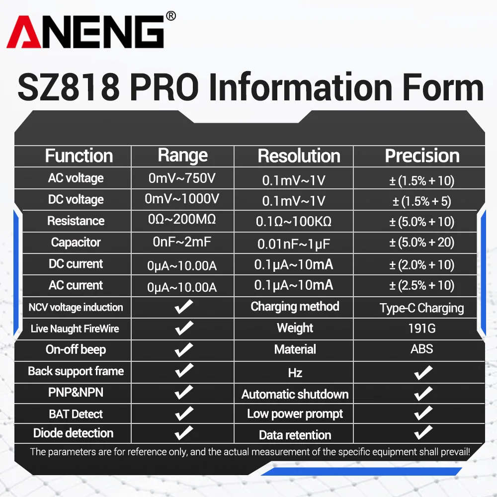 جهاز اختبار متعدد رقمي قابل لإعادة الشحن الذكي ANENG SZ818 PRO التيار المتناوب/تيار مستمر الجهد مقياس التيار الكهربائي Pnp Npn المقاومة hFE مكثف أدوات اختبار