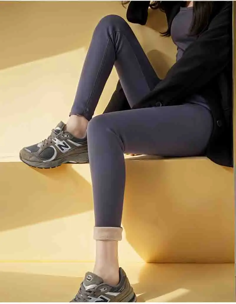 Women'S Fleece Leggings Plush?? Seven-Quarter Comfy Lady'S Shine Detail Match Decoration Oatmeal Lustrous High-Elasticity Tights