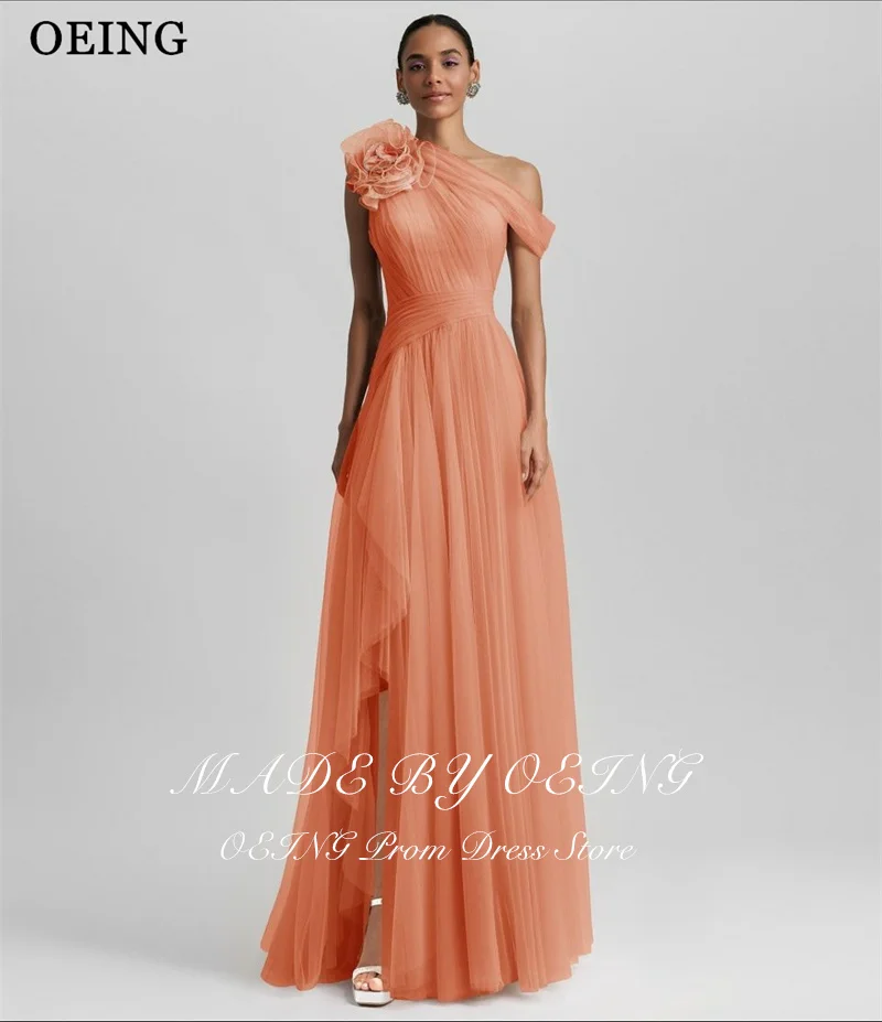 OEING Elegant A-Line Green Prom Dress One Shoulder Side Slit Flower Floor Length Evening Party Dress Gala vestidos Customized