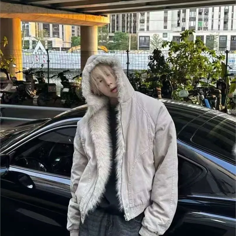 Faux Fur Collar Hooded Padded Jacket Men Winter Short Loose Streetwear Coat Zip Up Ribbed Outerwear Vintage Warm Parka Thermal