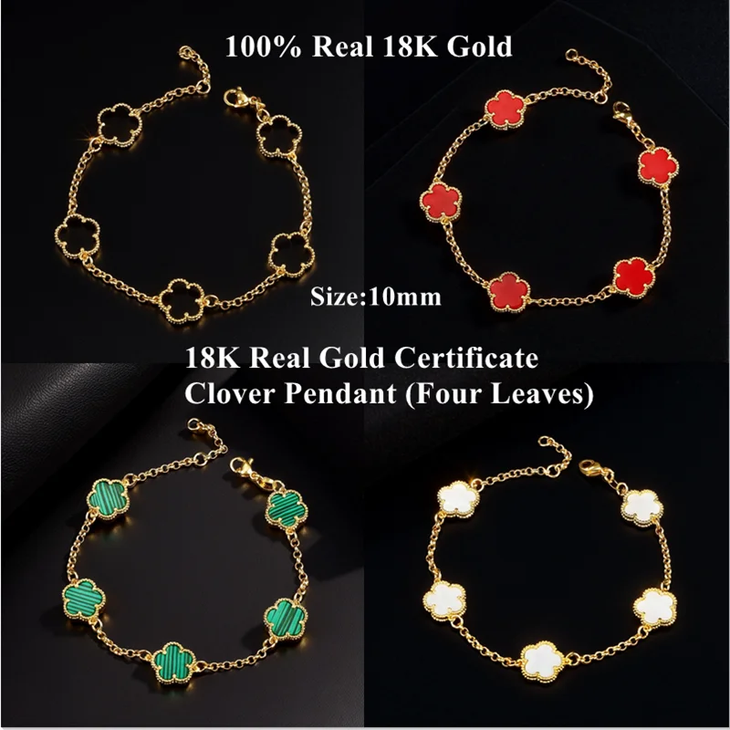 

Real Gold 18K Gold Clover Bracelet Women's 10mm Natural Agate Stone Christmas Gift Party Ornaments Fashion Flower Jewelry AU750