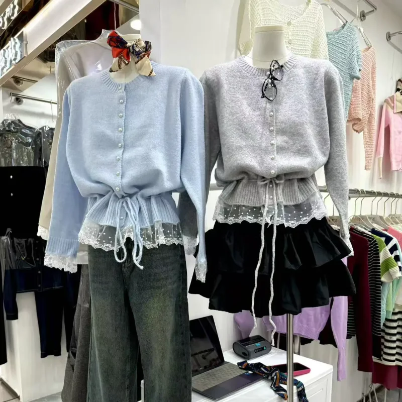 

Женский вязаный свитер, повседневный кружевной лоскутный трикотаж с жемчужными пуговицами, пуловеры со шнуровкой на поясе, новинка 2025, осенний простой женский топ