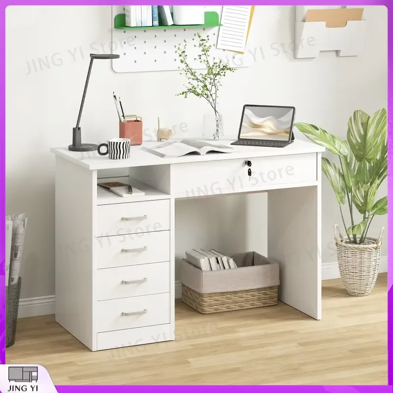 White Computer Desk with 5 Drawers Writing Desk for Home Office Study Room Workstation Adjustable Height Ergonomic Desk Lab