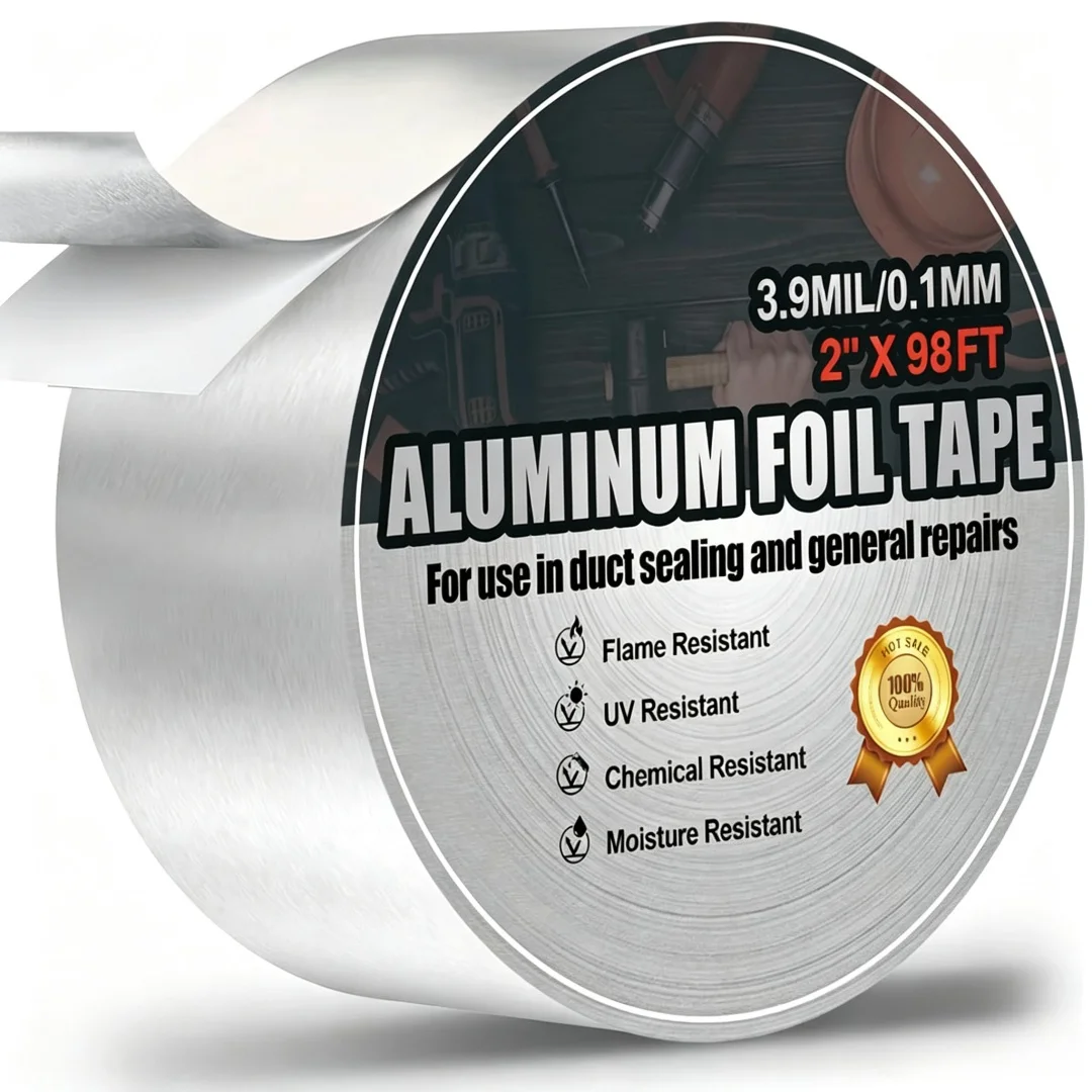Composite Aluminum Foil Tape, 2 inch X 98 Feet, 1 Roll, Heavy-Duty, Heat-Resistant and UV Resistant, HVAC and Piping Systems