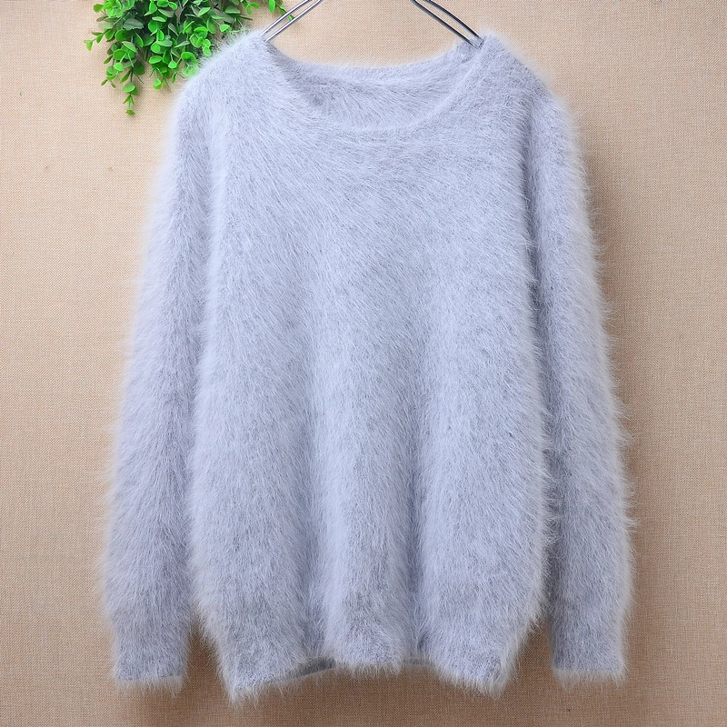 04 Ladies Women Fall Winter Clothing Sweet Hairy Mink Cashmere Knitted O-Neck Slim Blouses Pullover Jumper Sweater Pull Tops