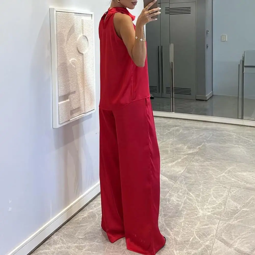 

2025 весенний модный однотонный атласный офисный костюм, женский элегантный топ с воротником, пуловер и длинные брюки, летний комплект без рукавов из 2 предметов