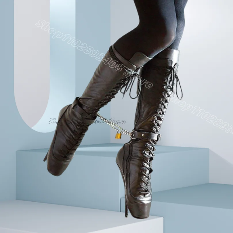 Stivali solidi da balletto sexy neri Stiletto Stringati Primavera Stile britannico Stivali da ballo da donna in pelle opaca Zapatos Para Mujere