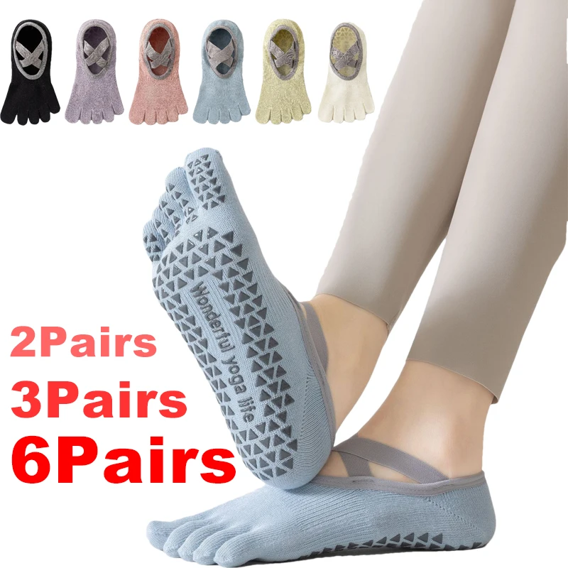 

2/3/6 Pairs Five-Finger Yoga Socks Silicone Non-Slip Pilates Socks with Bandage Women Ballet Dance Fitness Workout Cotton Socks