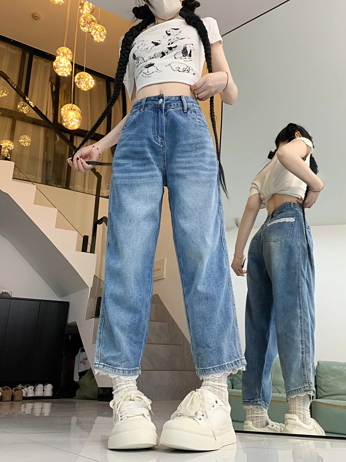 Plus Size Jeans met hoge taille en rechte pijpen Dames Kantdetail Losvallende casual denimbroek Herfstkleding voor dames in grote maten