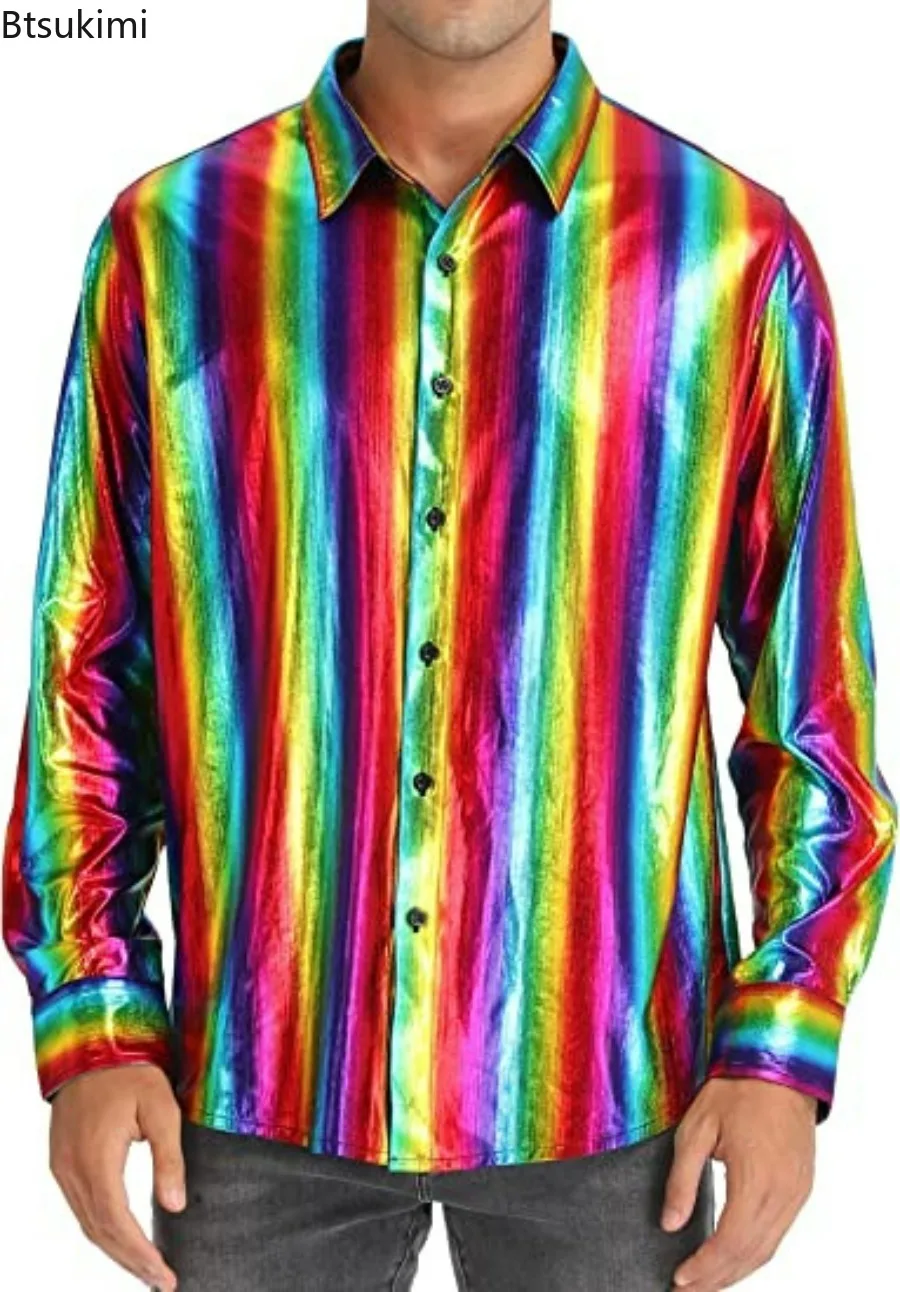 

2025 мужские винтажные блестящие рубашки с блестками, рубашка на пуговицах с длинным рукавом и отложным воротником, мужские модные однотонные кардиганы, топы, рубашки