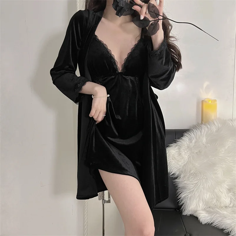 Sexy Patchwork Lace Kimono Bathrobe Gown Autumn Winter Velvet Female Wedding Robe Nightgown Set Sleepwear Loose Velour Home Wear