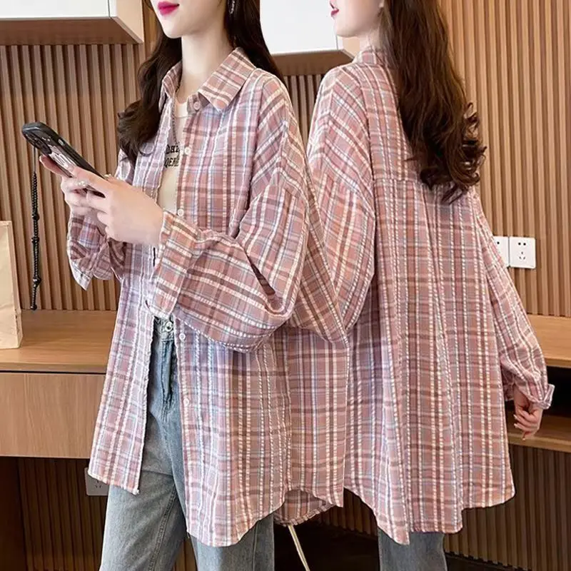 Long Sleeve Turn-down Collar Spring Autumn Contrast Color Women\'s Checkered Button Up Cardigan Shirt Coats Casual Commute Tops