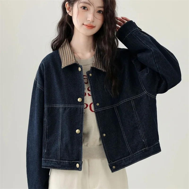 

Outerwears Denim Jacket Design with Contrast Check lapel Denim Jacket Women's Spring Fashion Aging Single-breasted Jacket Tide