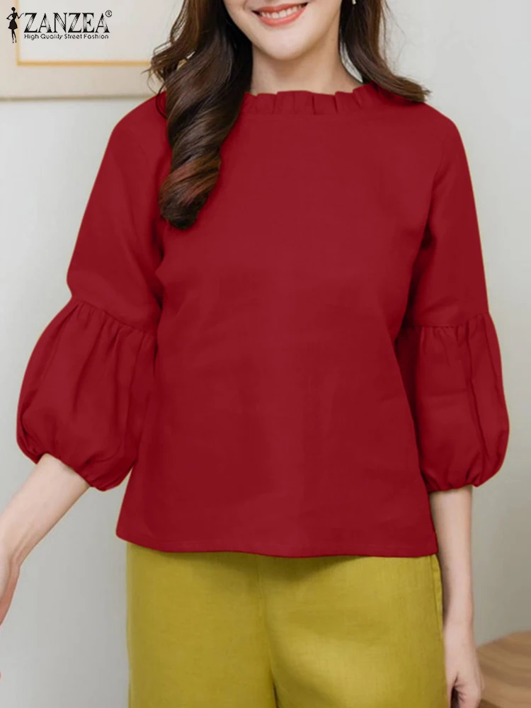 Summer Vintage Solid Blouse ZANZEA Women Shirt Casual O Neck 3/4 Puff Sleeve Blusas Female Elegant OL Work Tops Holiday Tunic