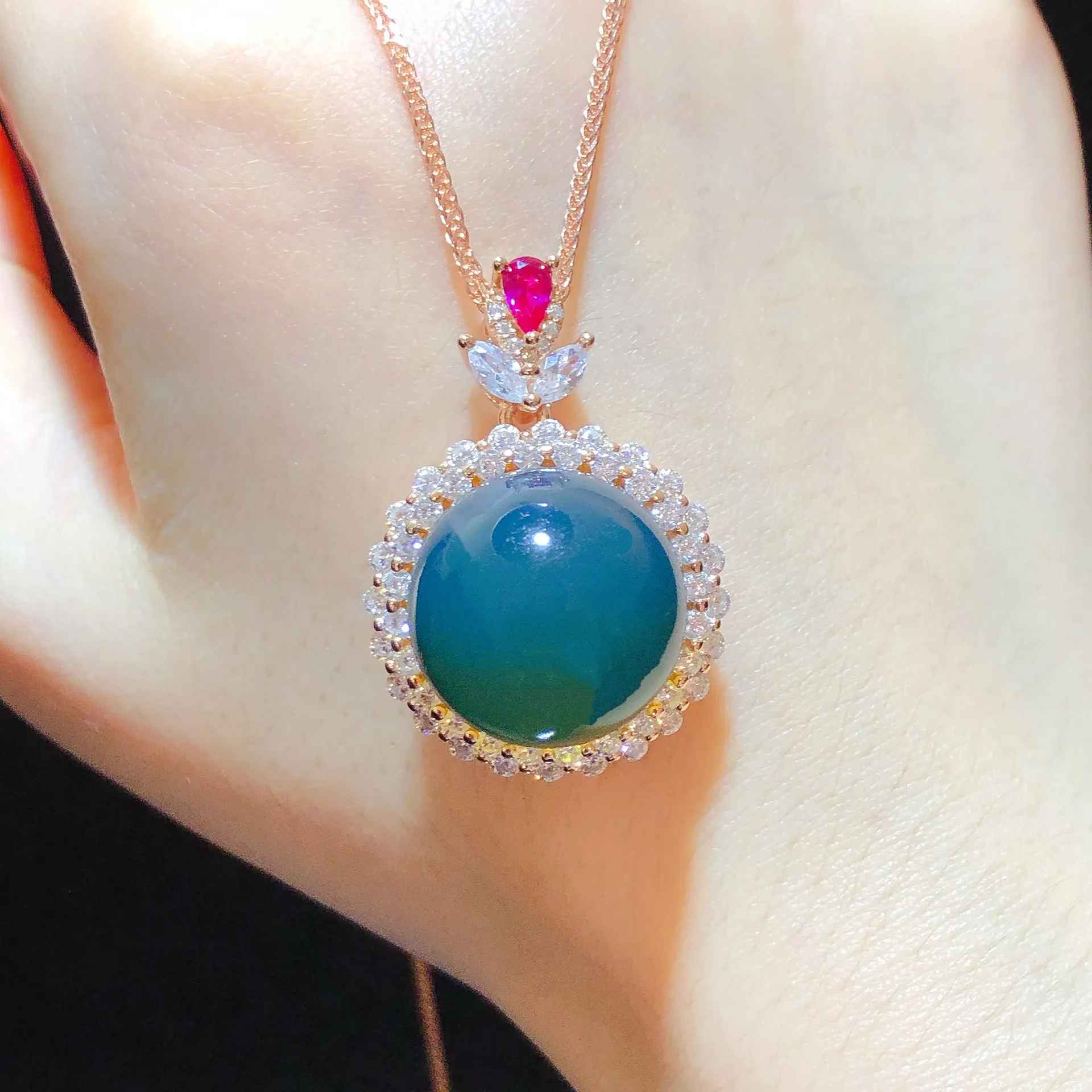 Natural Mexican Blue Amber Sterling Silver Pendant 16mm Round Bead Surrounded by Cubic Zirconia Necklace Jewelry Gift for Women