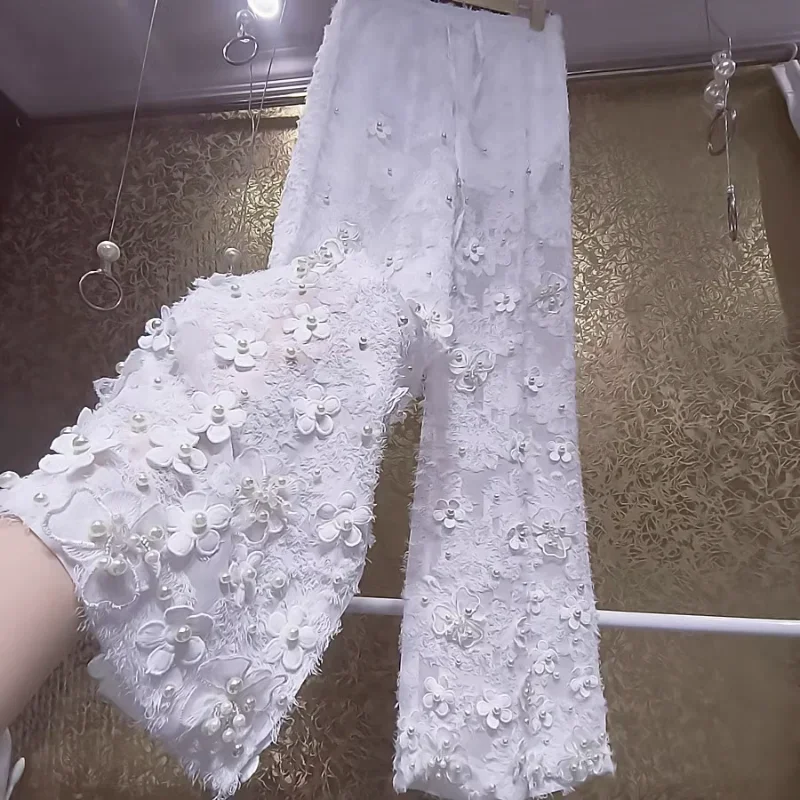 High-End Beautiful Sweet White Pants Lace Flower Petals Heavy Industry Beads Pearl Loose Wide-Leg Pants Spring Summer Trousers