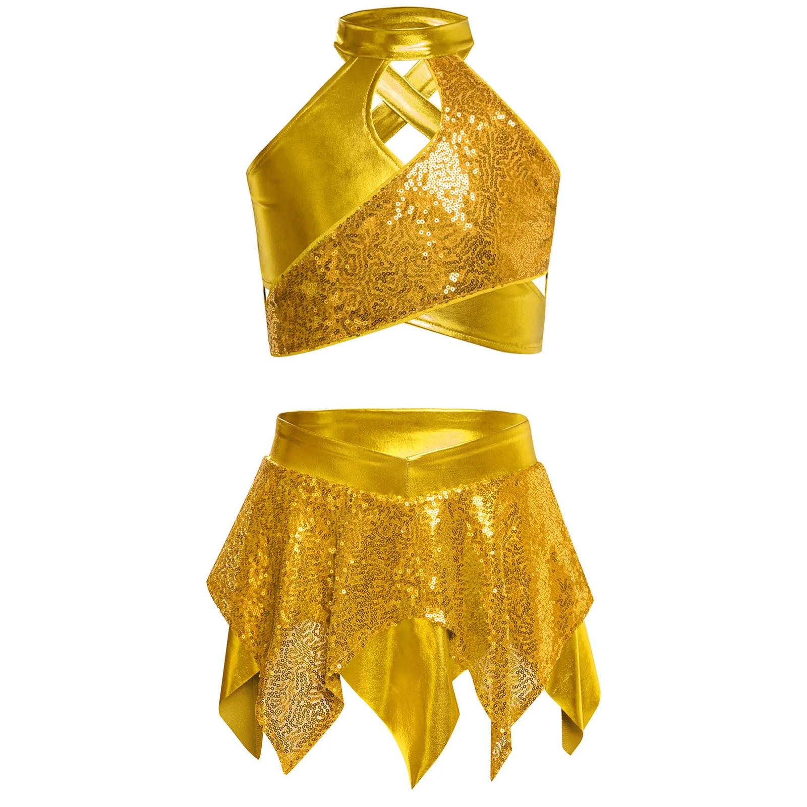 

Teen Girls Metallic Shiny Sequins Jazz Dance Crop Tops with Skirt Street Hip Hop Cheerleading School Party Performance Costume