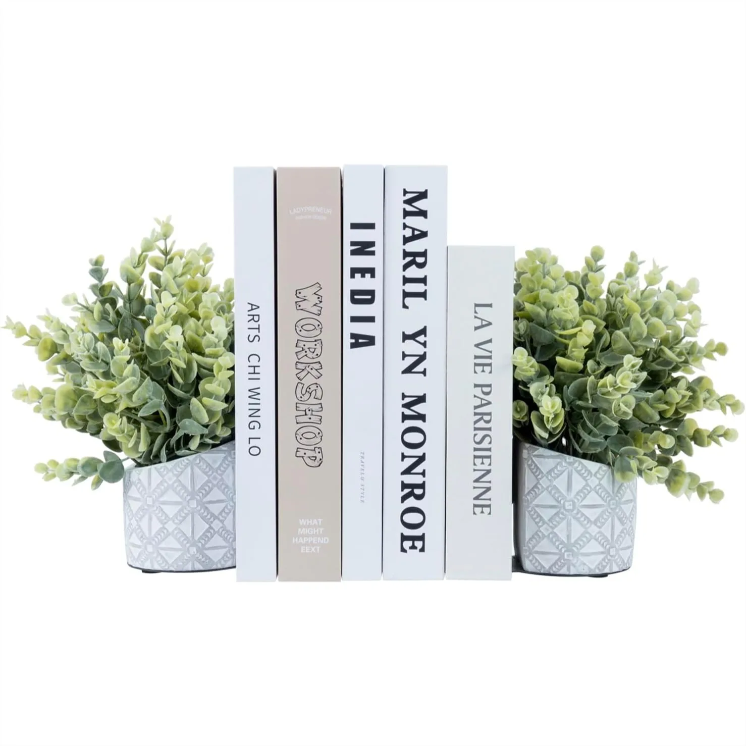 

L-Shaped Bookends with Artificial Eucalyptus in Concrete Pot, Decorative Bookshelf Accessories for Home Office, 1 Pair