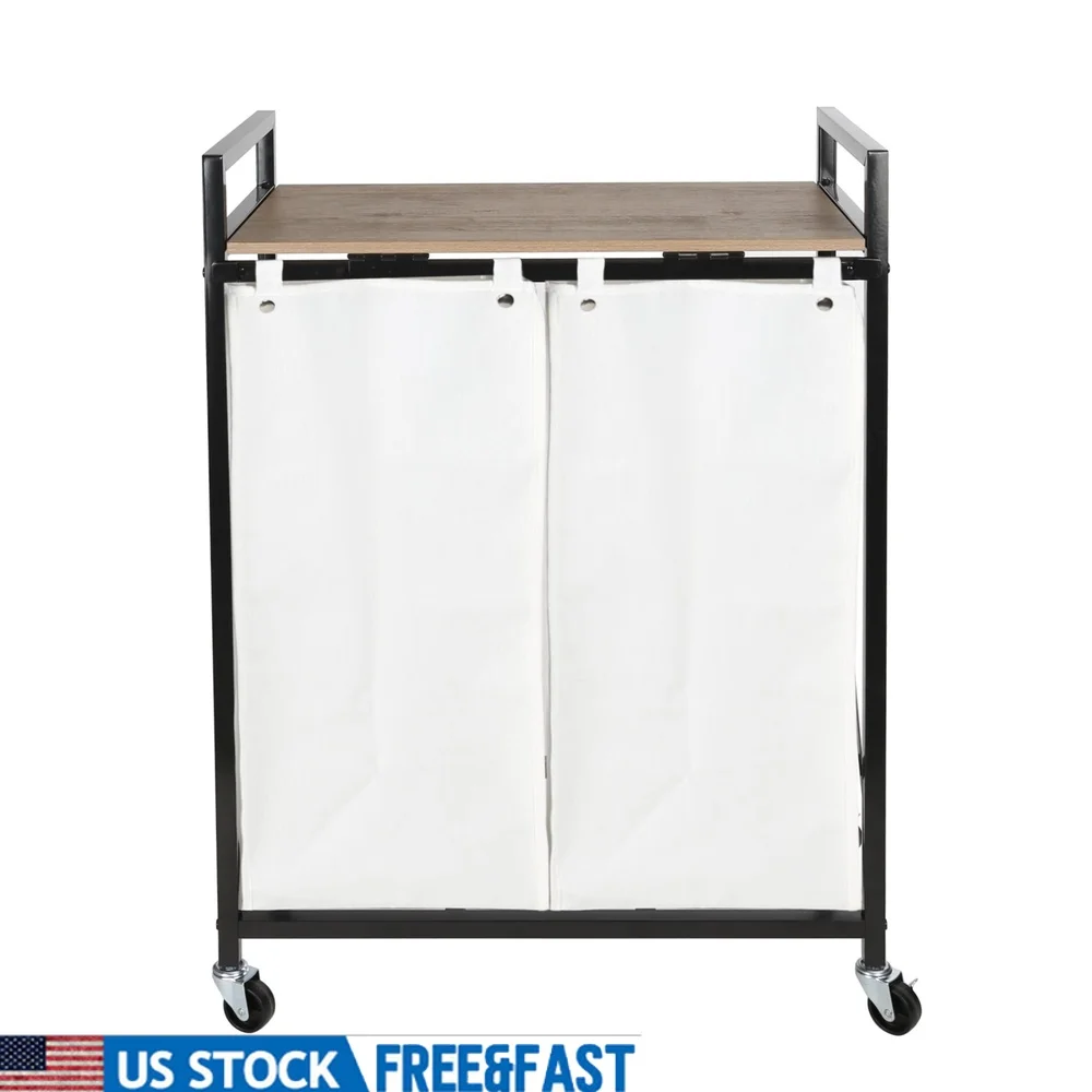 

Metal Frame Laundry Sorter with 2 Fabric Bags Rolling Cart Easy Sorting Whites Colors Towels Beddings Home Storage