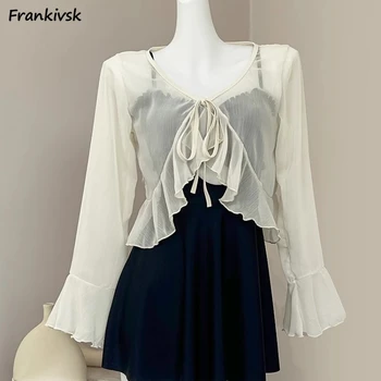 Blusa pura irregular feminina alargamento manga longa babados fairycore verão respirável leve rendas até estilo coreano moda aconchegante