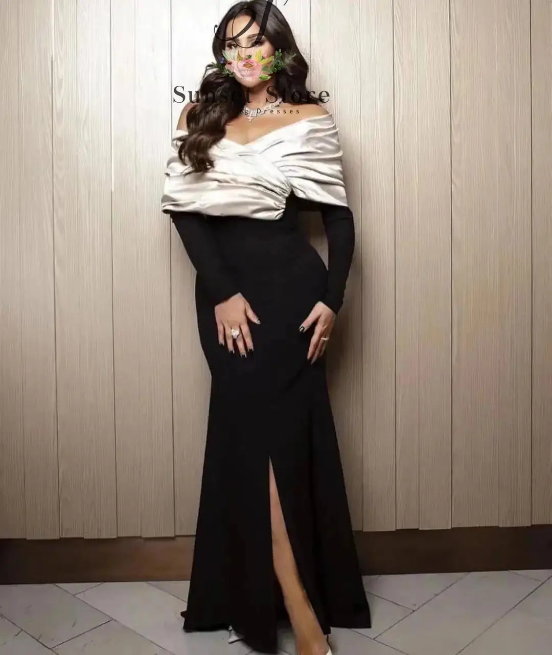 

Customized Saudi Arabia Celebrity Women Wear Prom Dresses Ruched Off Shoulder Long Sleeves Evening Dress Side Slit Robe De Soire