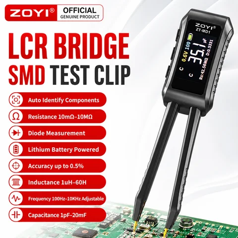 ZOYI ZT-MD1 Smart Digital Tweezers LCR Tester SMD & ESR Measurement Resistance Capacitance Inductance Continuity Diode