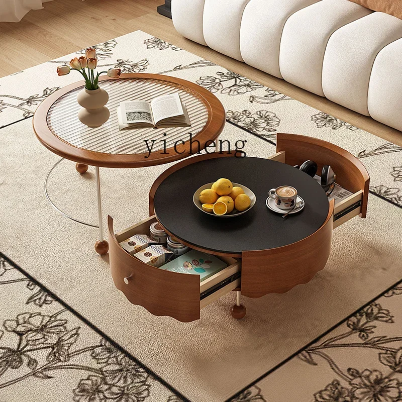 TQH retro solid wood double-layer rock slab coffee table size combination medieval high-end living room retractable tea table