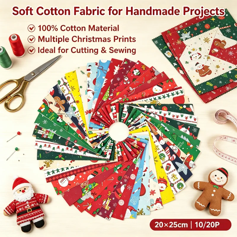 10/20 PCS Christmas Patchwork Fabric 20×25cm, DIY Quilting Practice Cloth for Hundred‑Families Quilt Hand‑Sewing Crafts