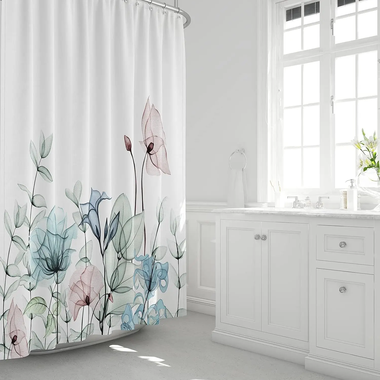 

Abstract Line Art Flower Shower Curtain Modern Minimalist Botanical Print for Bathroom