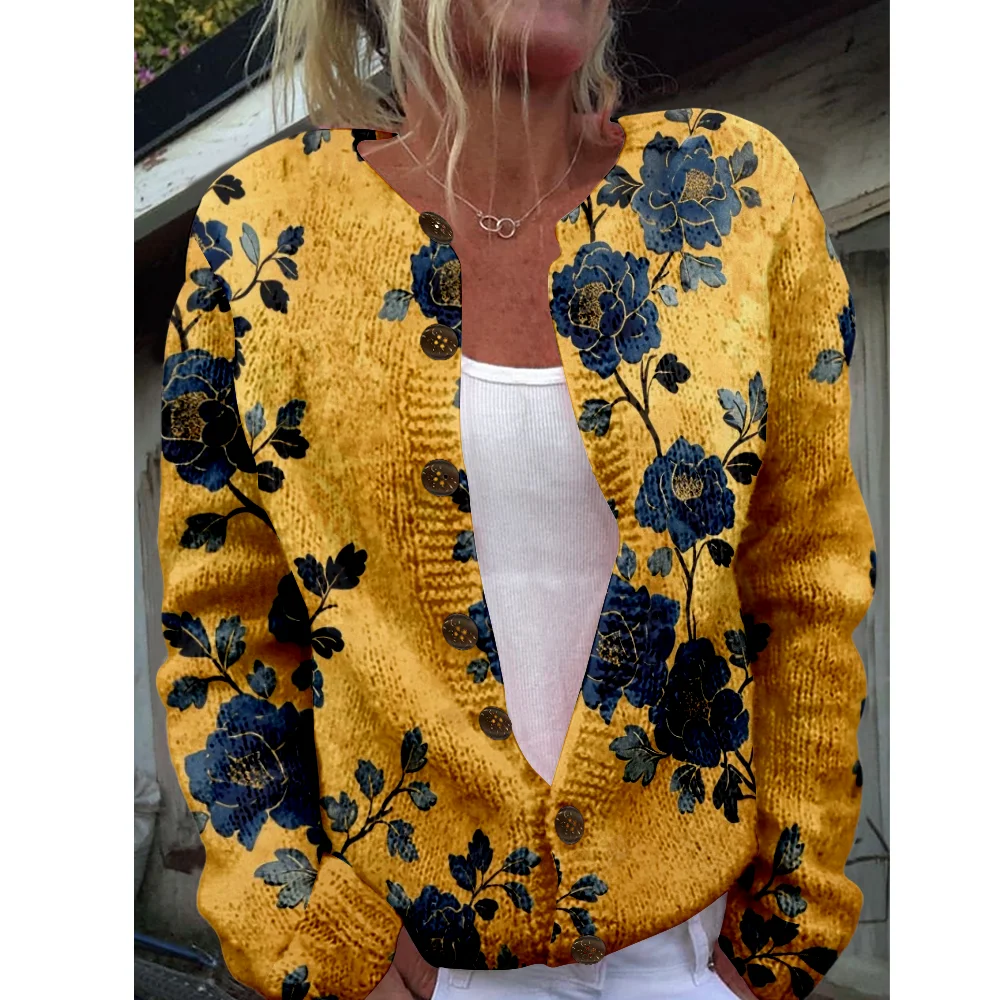

Осень-зима вязаный кардиган с цветочным принтом, повседневный свитер, уличная одежда, женские свитера, вязаный топ, крутые джемперы, модные