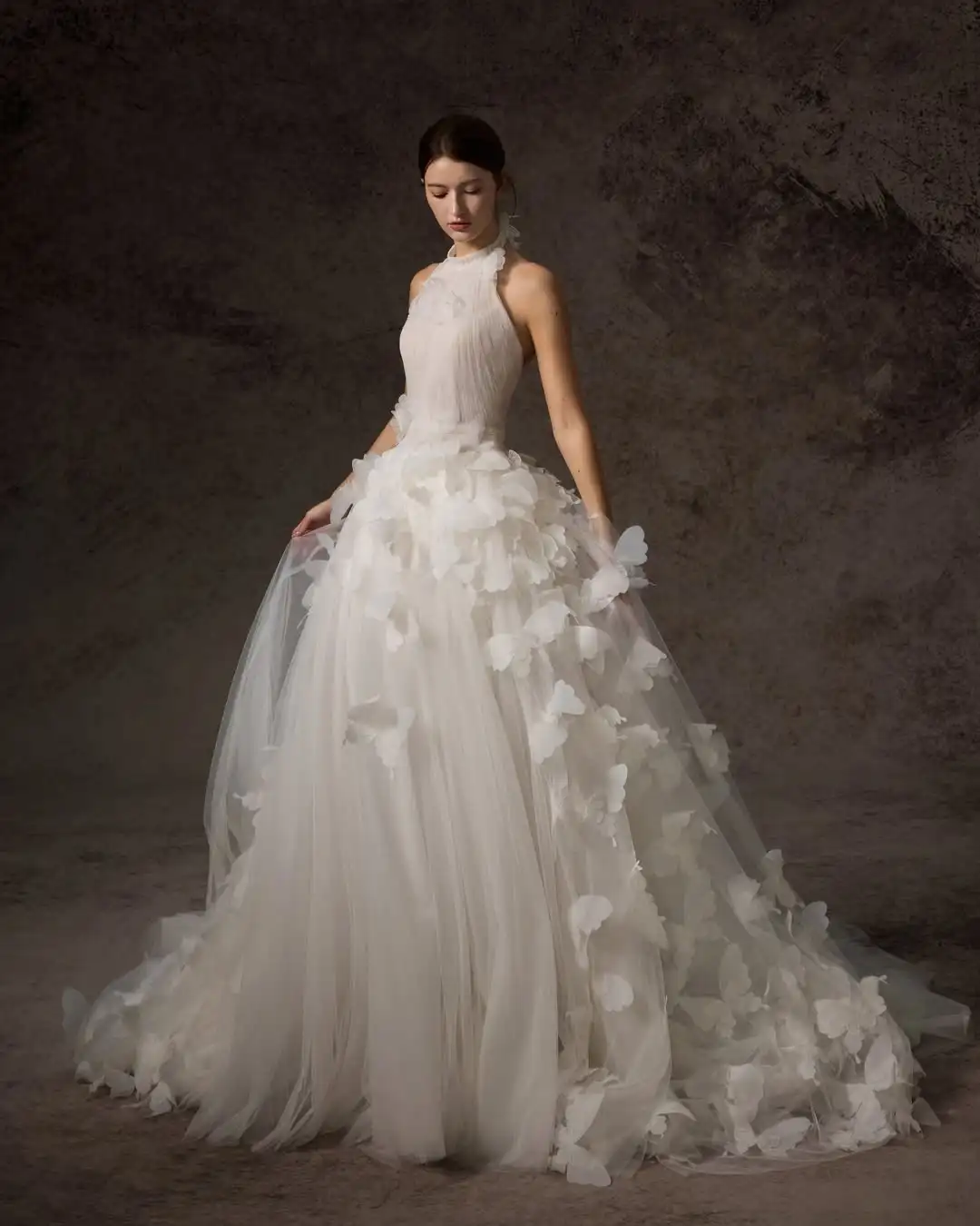 Ofherown 3D Butterflies Appliques Wedding Dresses A-Line Halter Tulle Bridal Gowns Sweep Train vestido de novia Customized