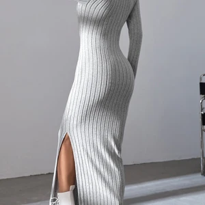 Sexy Frauen greifen mit V -Reverse -Ausschnitt Split Kleid Herbst Winter Vollhülle Basiskörperpullover 12 Hauptverkaufskleid Langer Winter - №4