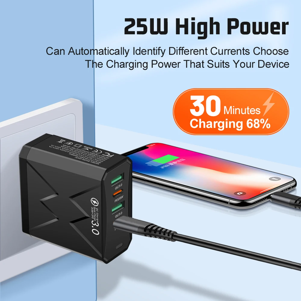 25W USB Type C Charger Multiple 4 Ports Fast Charging Quick Charger 3.0 Mobile Phone Wall Adapter For Samsung Xiaomi iPhone 15