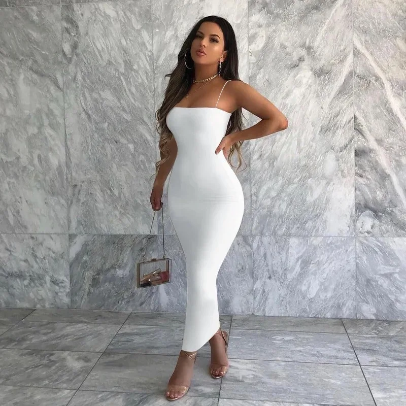 Summer White Sexy Dress Women Streetwear Sleeveless Backless Solid Spaghetti Strap Bodycon Casual Clubwear Elegant Party Dresses