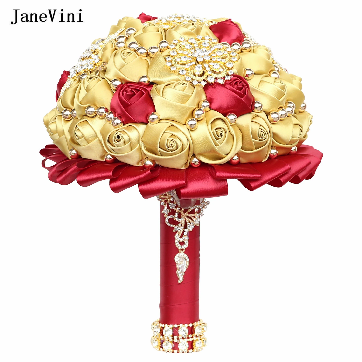 JaneVini Stunning Light Gold&Red Flowers Luxury Bridal Bouquets Gold Jewelry Handmade Satin Roses Wedding Fake Bouquet Customize