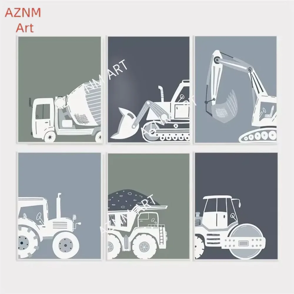 1PC ，Cartoon Construction Vehicles Truck Tractor Excavator Minimalist Wall Art Print Canvas Painting Posters for Modern Home