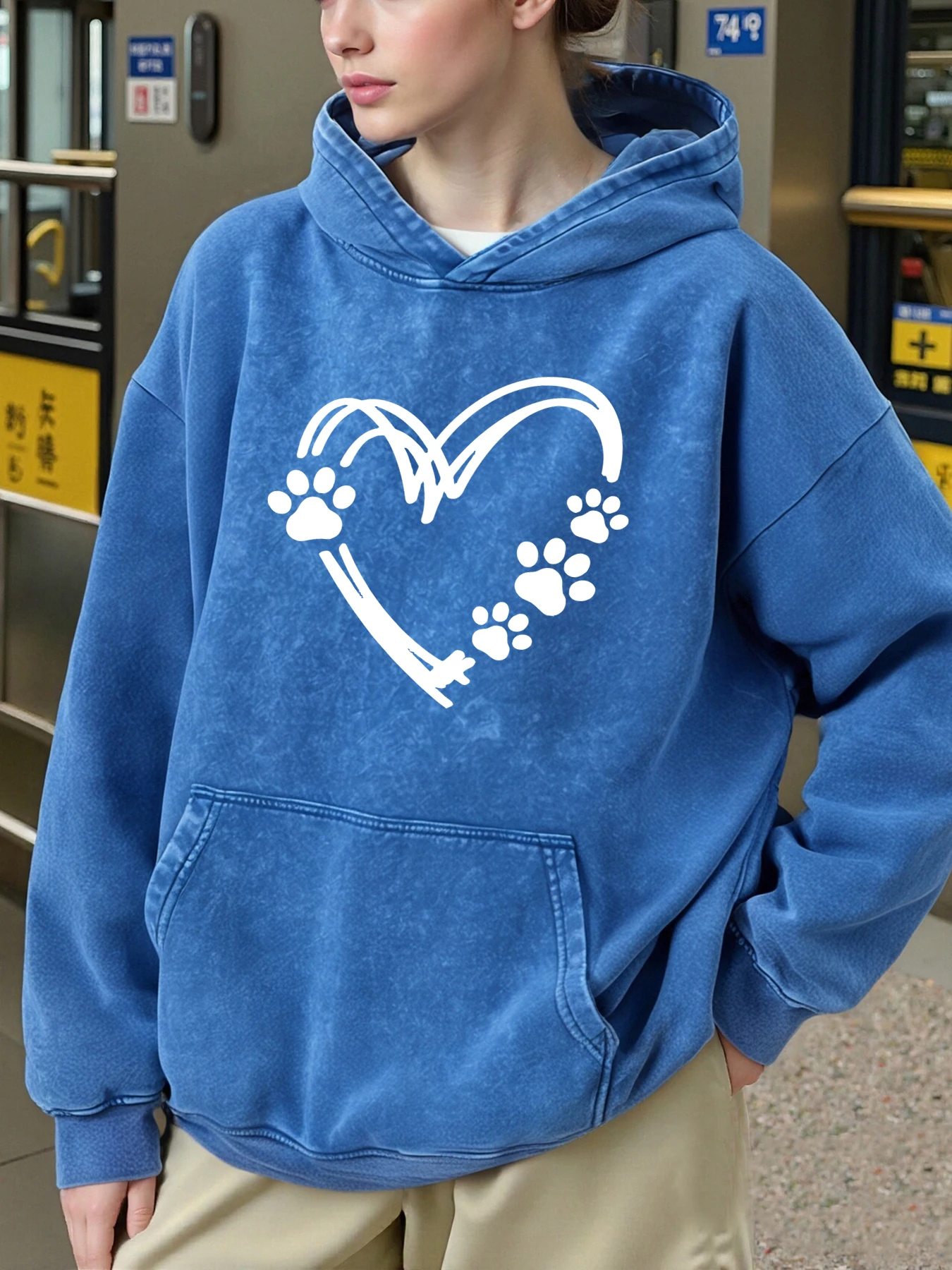 심플 러브 풋프린트 프린팅 여성 후디 코튼 워시드 후디 포켓 루즈 스포츠웨어 가을 겨울 멀티컬러 여성 후디