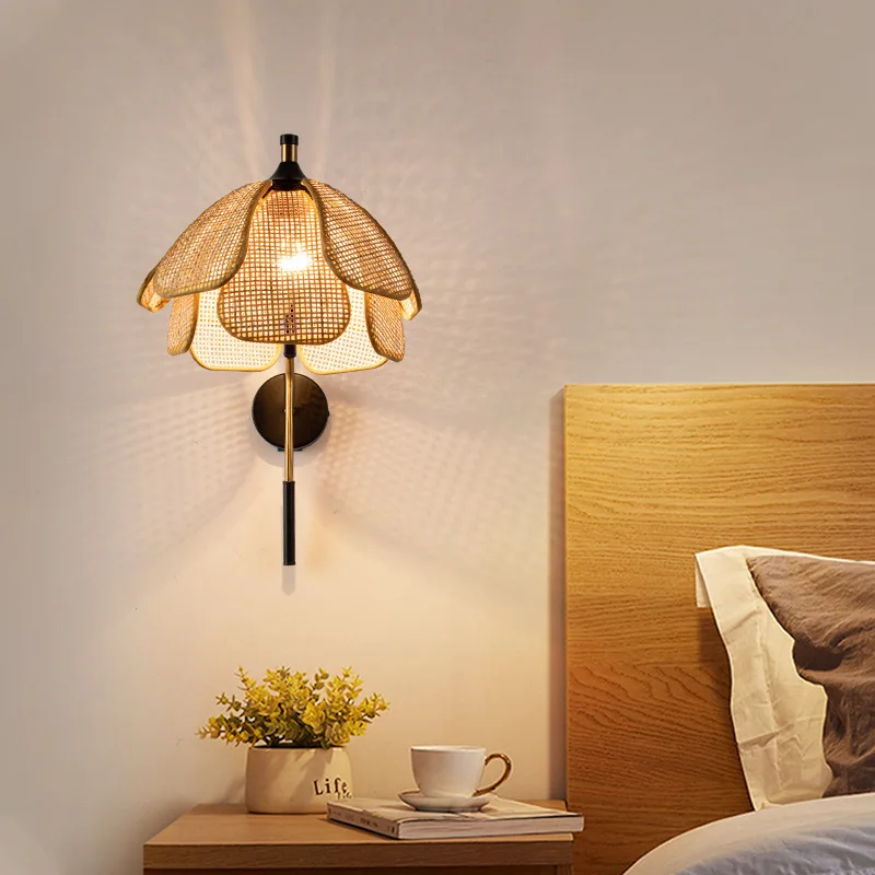 Rattan Wicker Petal Wall Lamps Fixtures Home Indoor Decoration Bedroom Dining Living Room Study Feature Japanese Style Hanglamp