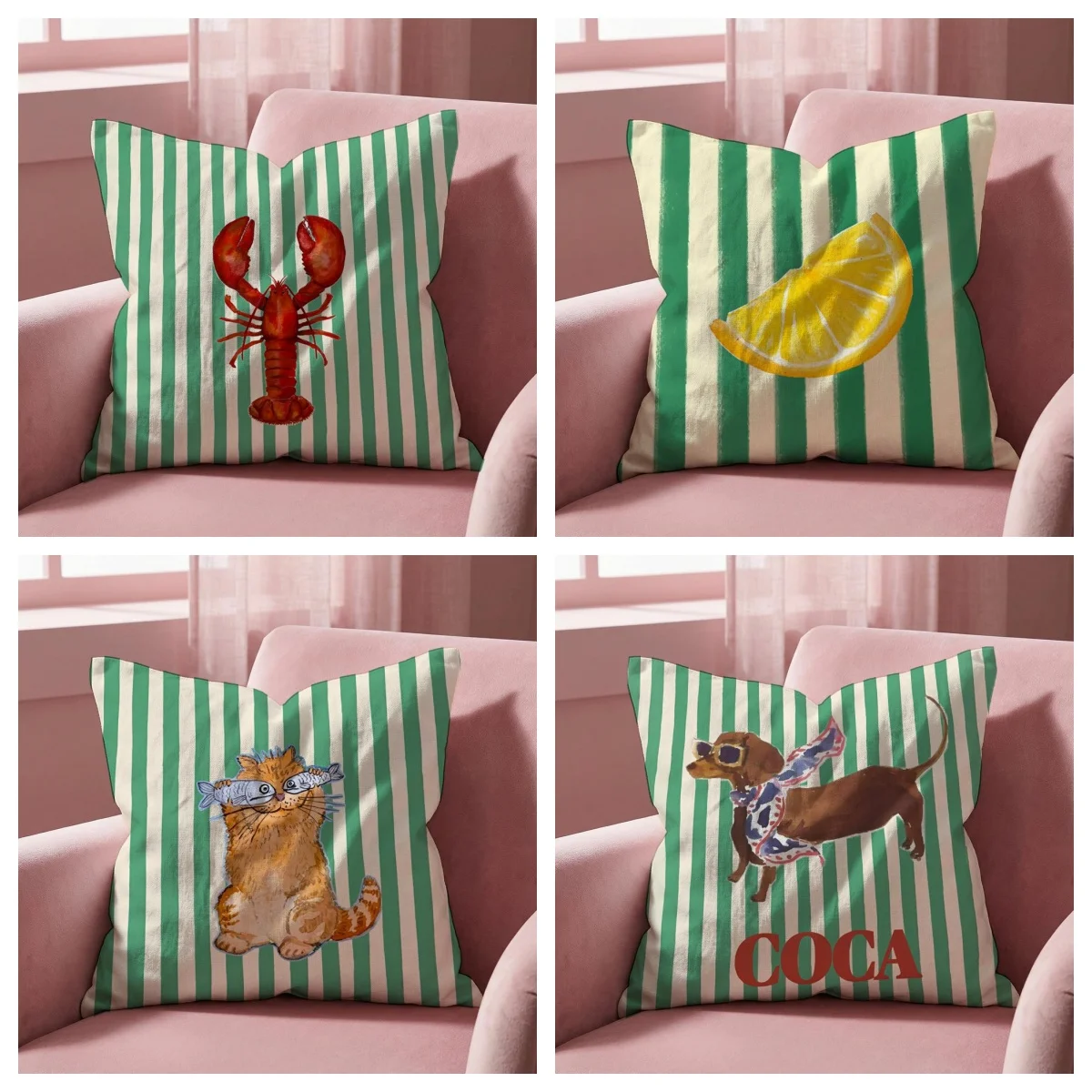 1pc Preppy Striped Pillow Cover, Polyester 2D Double-Sided Print, Whimsical Lobster, Lemon & Dachshund Art, Coastal Home & Car D